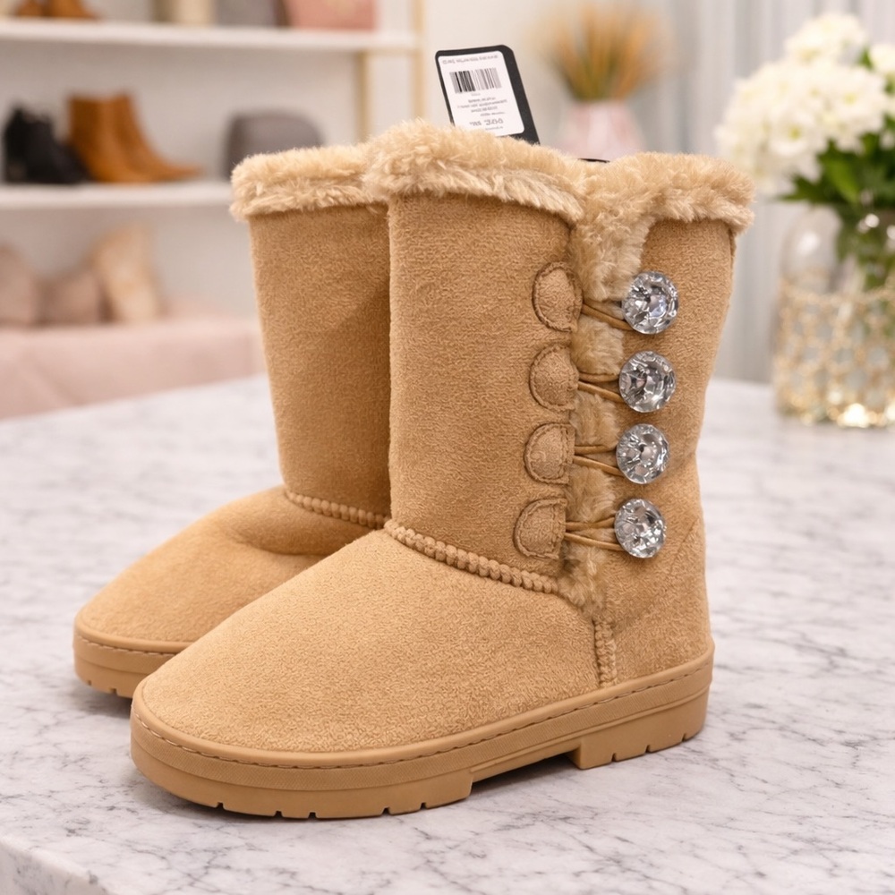 Bebe Girls Faux Fur Lined Boots Tan Rhinestone Button Winter Boots Size 13